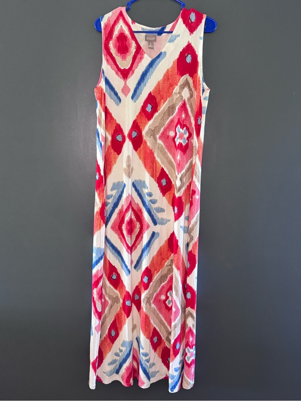 Chicos 2 Red White Blue & Taupe Maxi Sleeveless Dress lightweight Size 12 / Larg